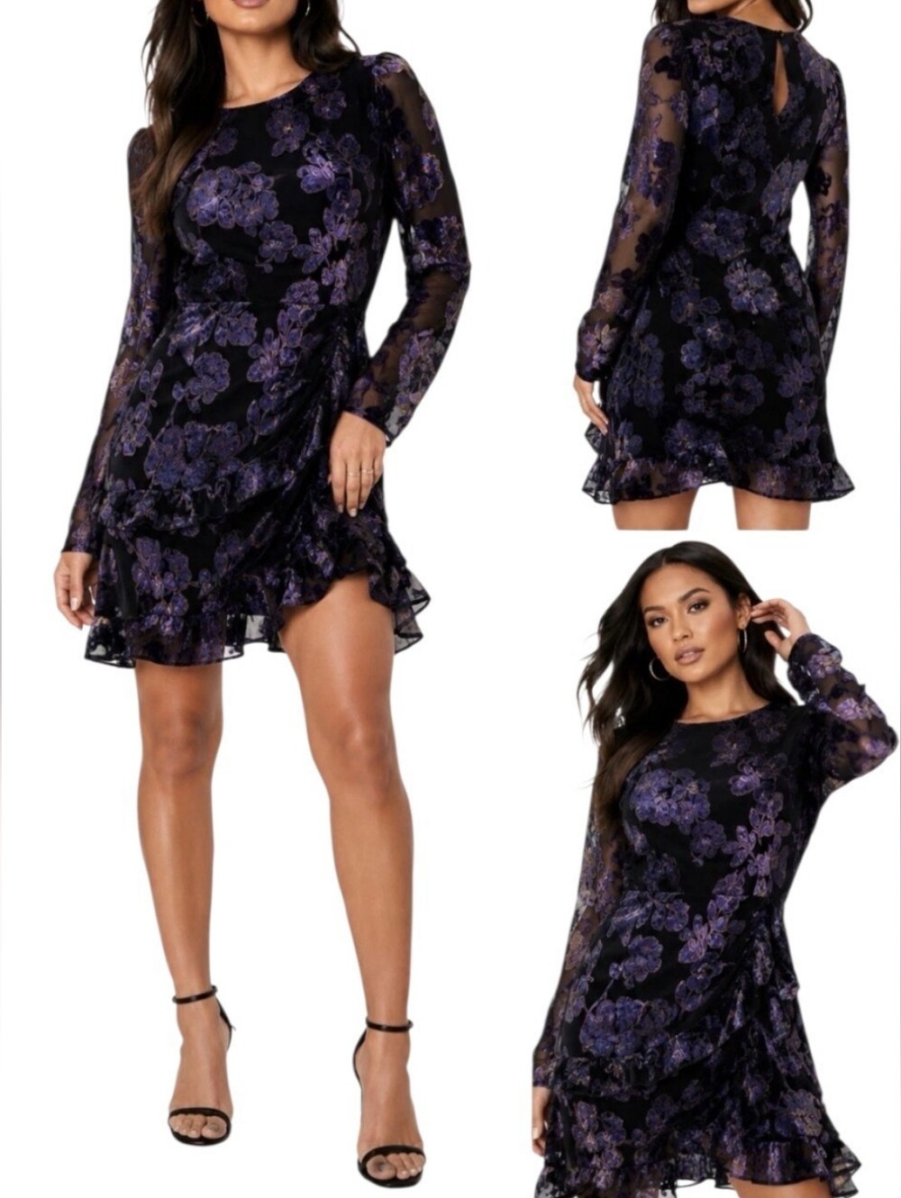 Nasty Gal Purple Floral Velvet Long-Sleeve Ruffle Mini Dress 8